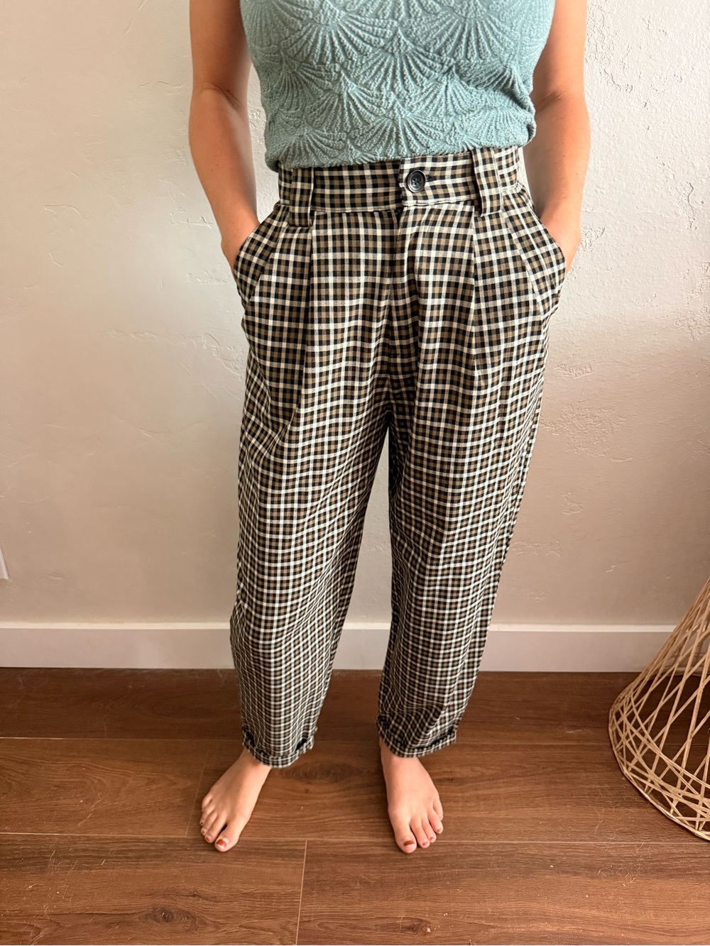 Topshop Plaid Chinos in Black and Cream